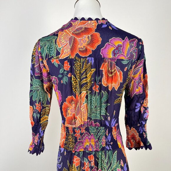 $598 NWT Johnny Was Jade Silk Blend DAPHNE TEA Tiered Ruffles Midi DRESS Size XS - Picture 9 of 16